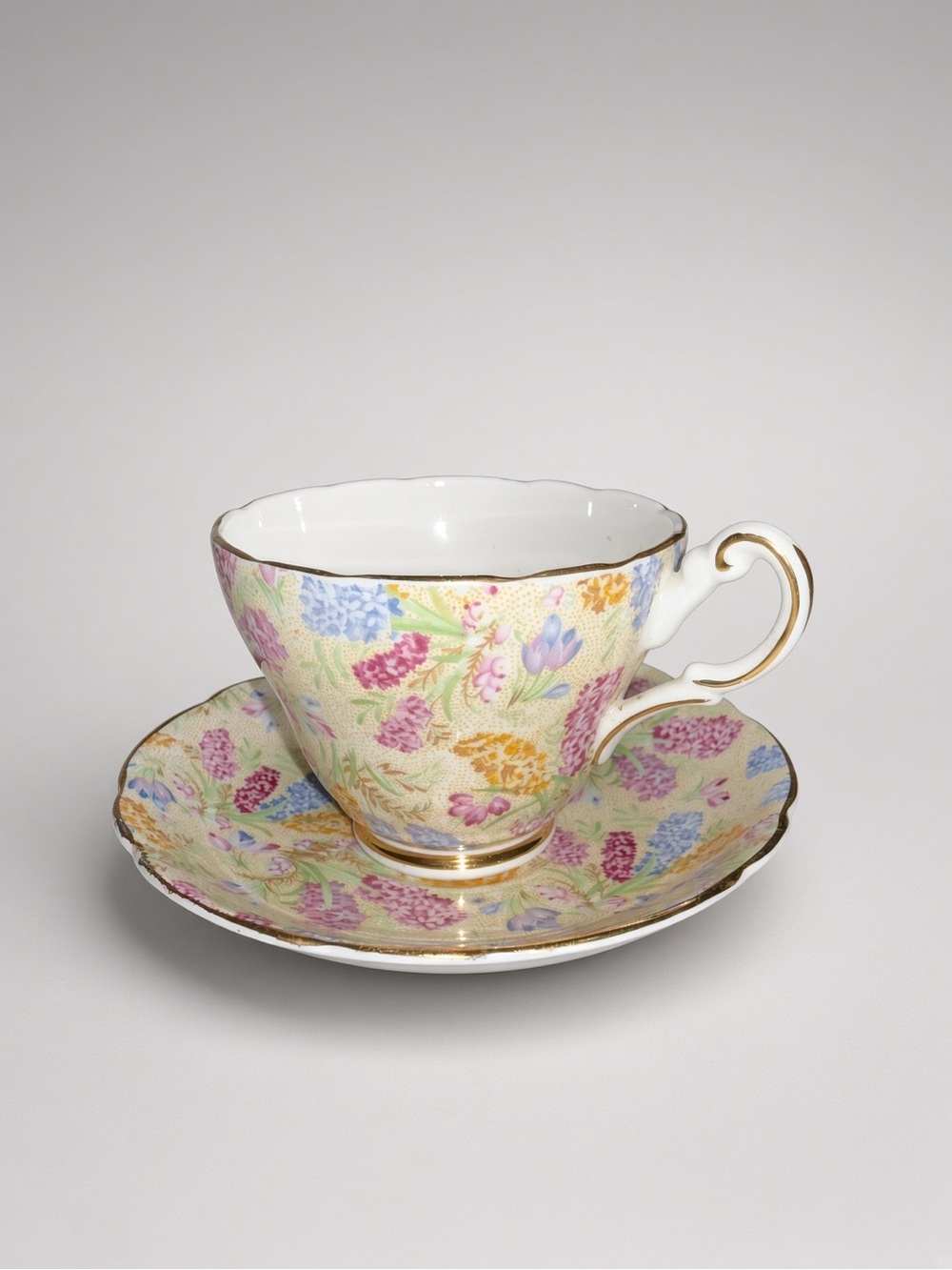 Grosvenor Jackson & Gosling Bone China Floral Teacup & Saucer England Gold Trim